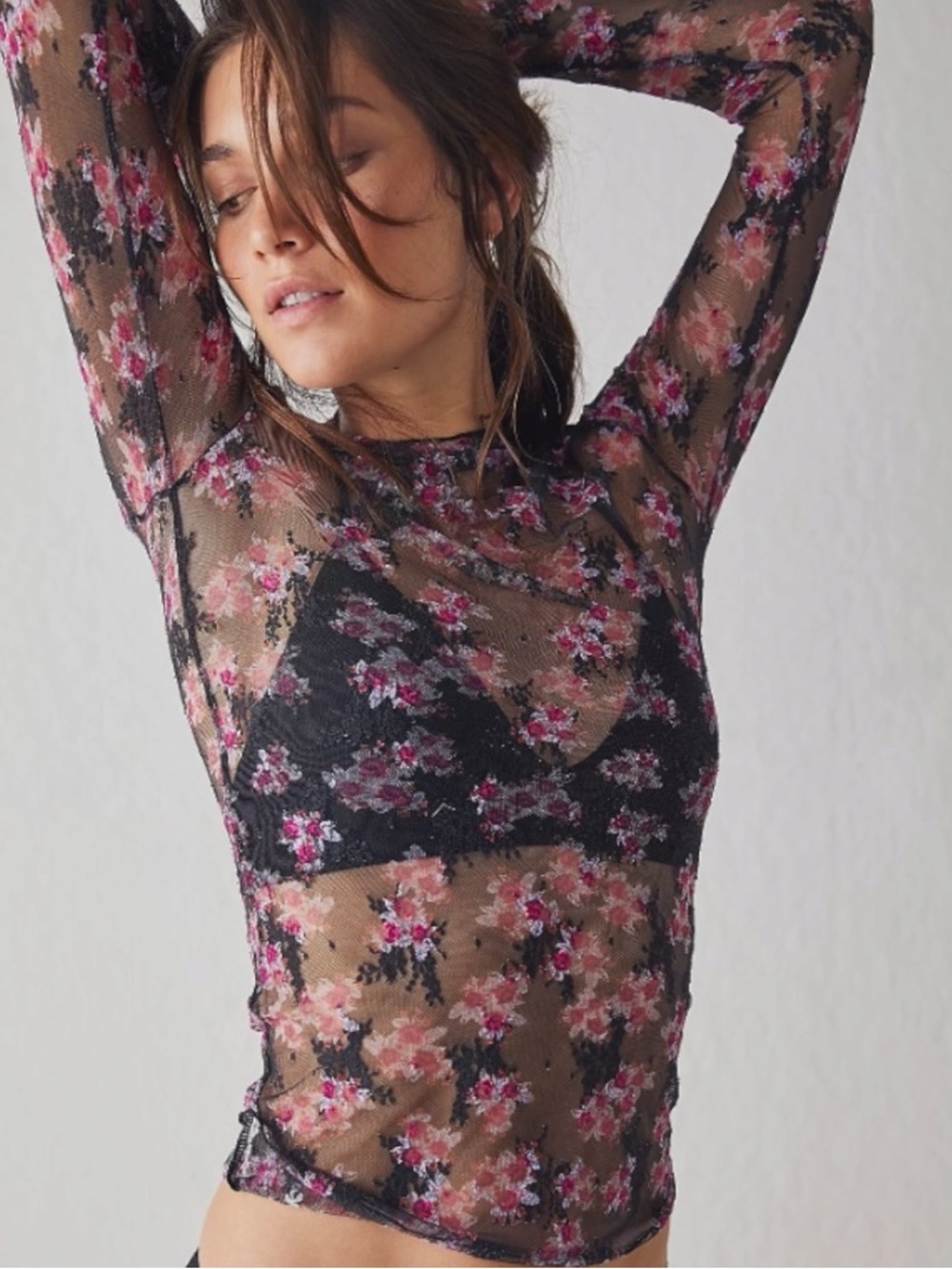 Free People Lady Lux Printed Layering Top in Black Combo XS NWOT NEW Floral